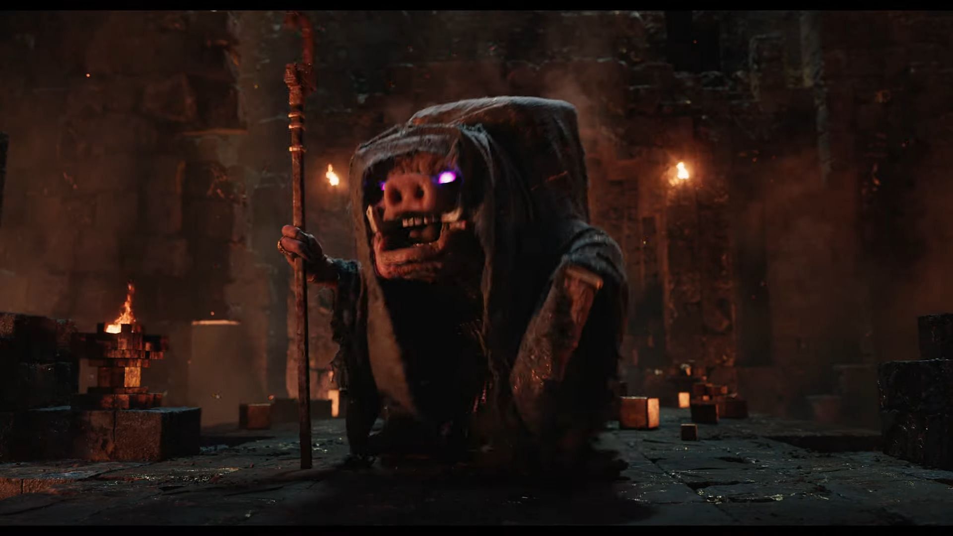 A closeup of the upcoming piglin boss in A Minecraft Movie (Image via Warner Bros. Pictures)