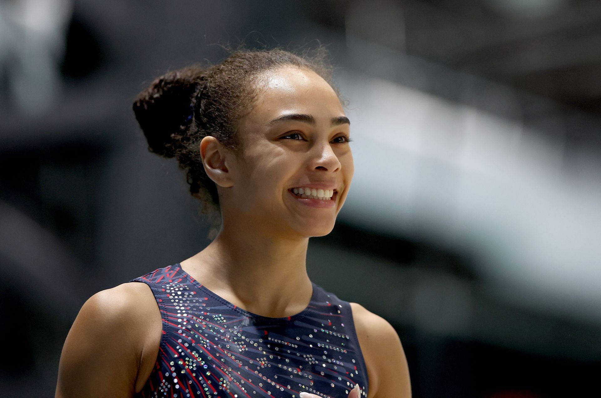 Hezly Rivera of the USA practices on the floor exercise during a training session at the Paris-Le Bourget Exhibition Center in France. (Photo by Getty Images)