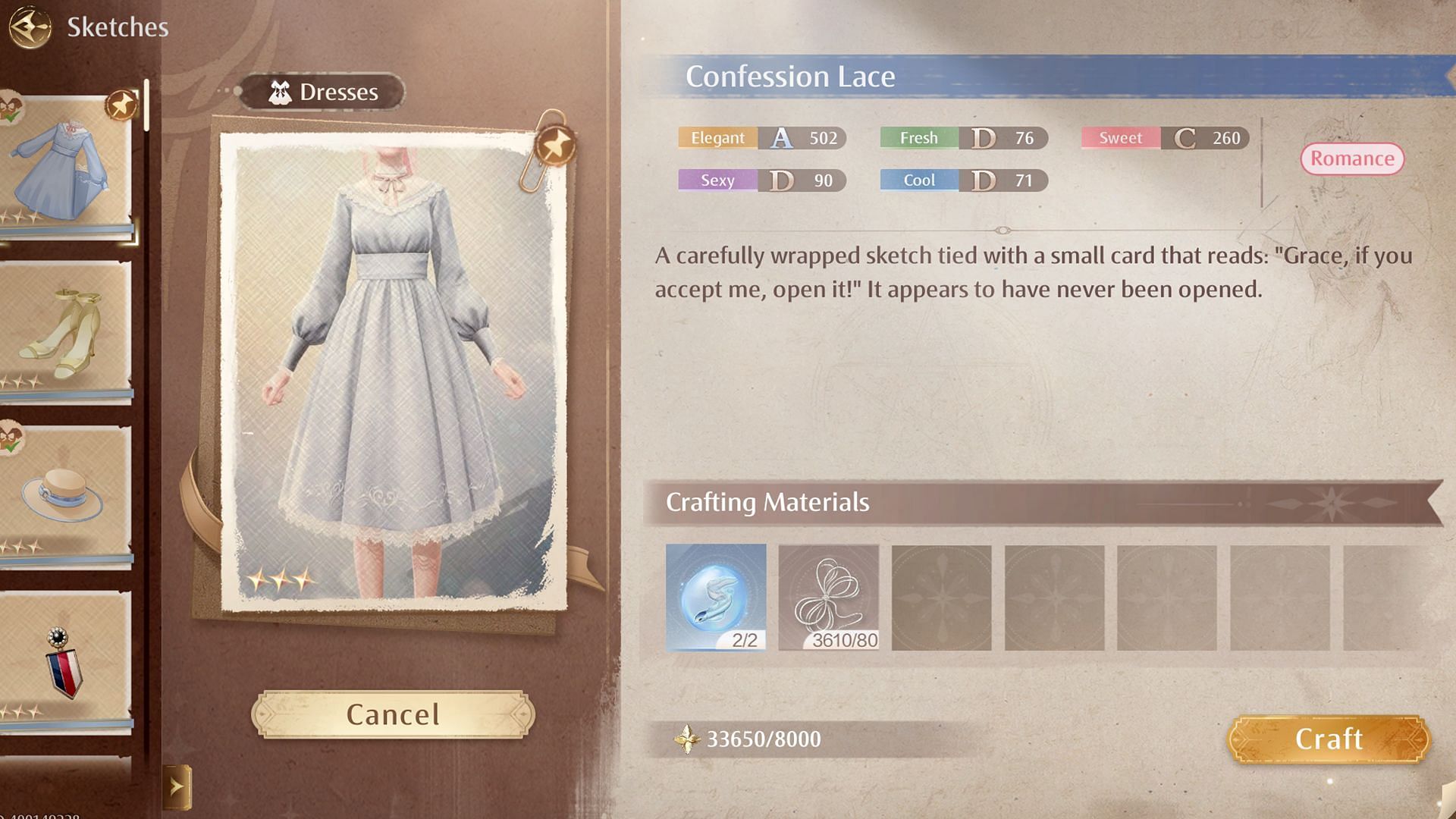 Collect the items needed and craft the outfit from the Sketches menu (Image via Sportskeeda Gaming || Infold Games)