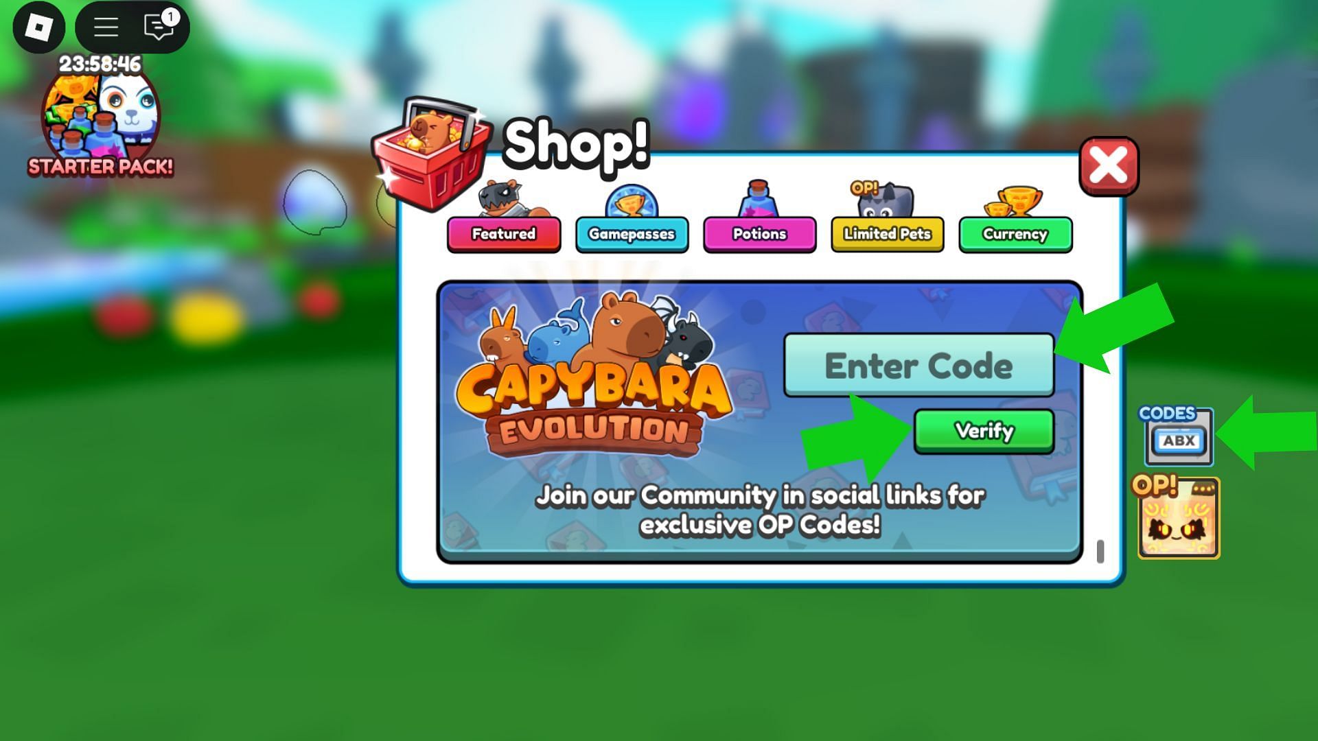 Click on &quot;Shop&quot; to begin the code redemption process (Image via Roblox)