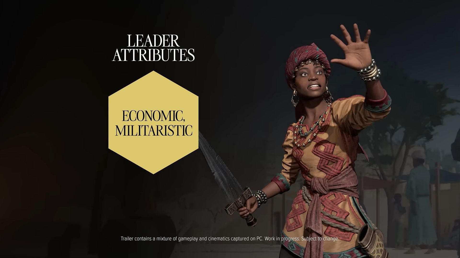 Her Attributes are Economic and Militaristic in Civilization 7 (Image via 2K|| YouTube/Sid Meier&#039;s Civilization)