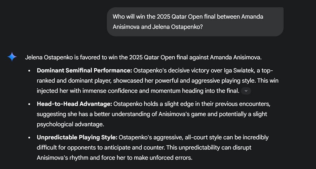 Gemini AI&#039;s prediction for the 2025 Qatar Open women&#039;s singles final between Amanda Anisimova and Jelena Ostapenko | Image Source: Gemini AI