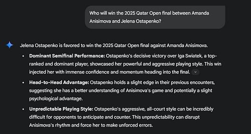 Gemini AI's prediction for the 2025 Qatar Open women's singles final between Amanda Anisimova and Jelena Ostapenko | Image Source: Gemini AI