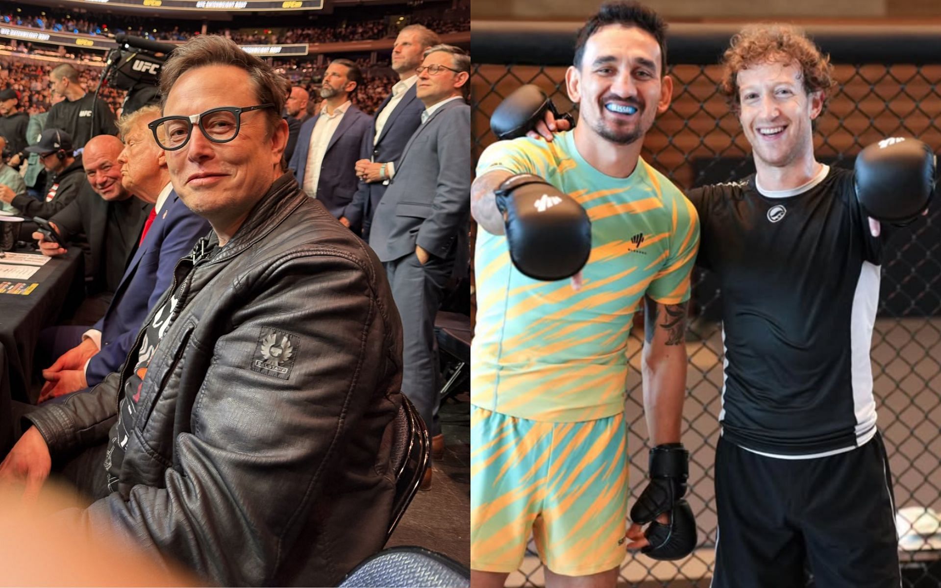 Elon Musk (left) and Mark Zuckerberg (right) posing with Max Holloway (center) have been involved in the talks of celebrity super fight. [Images courtesy: @elonmusk on X and @zuck on Instagram]