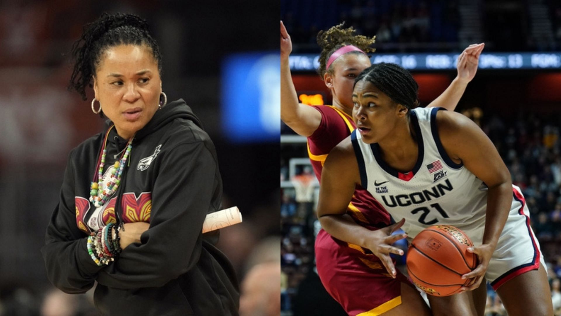 South Carolina coach Dawn Staley and UConn star Sarah Strong. Source: Imagn