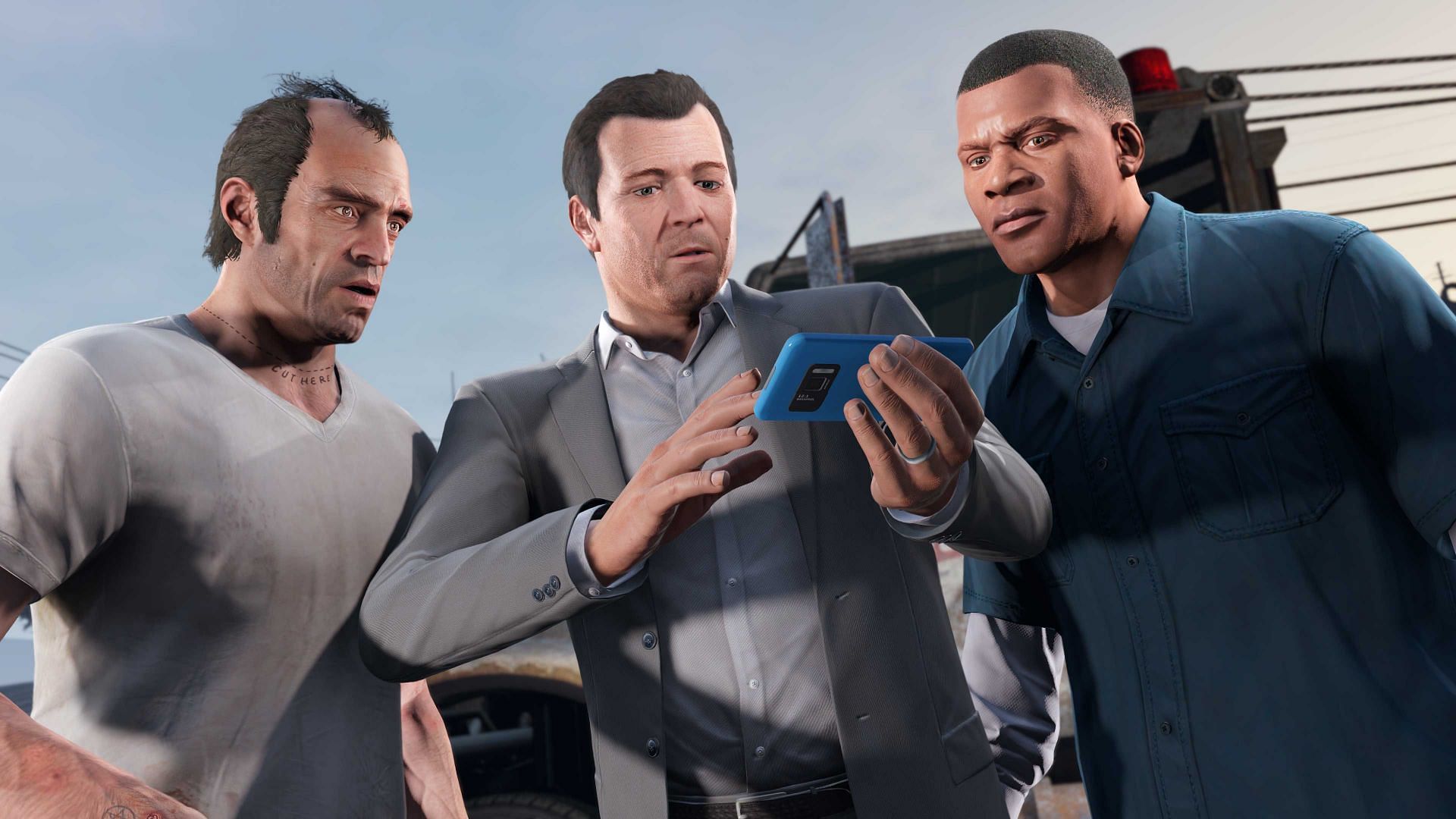 Grand Theft Auto 5&#039;s three protagonists &mdash; Trevor Philips, Michael De Santa, and Franklin Clinton (Image via Rockstar Games)