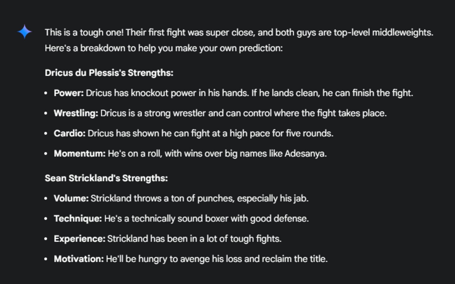 Screenshot of Google&#039;s AI prediction for the UFC 312 headliner -- Dricus du Plessis vs. Sean Strickland 2