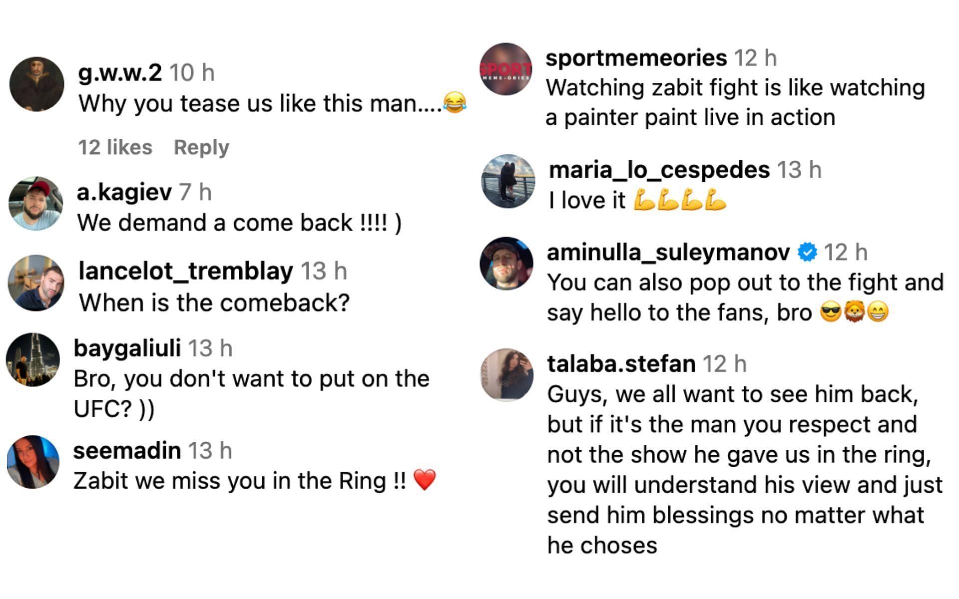 Fans react to Zabit Magomedsharipov&#039;s recent post. [Screenshot courtesy: @zabit_magomedsharipov via Instagram]