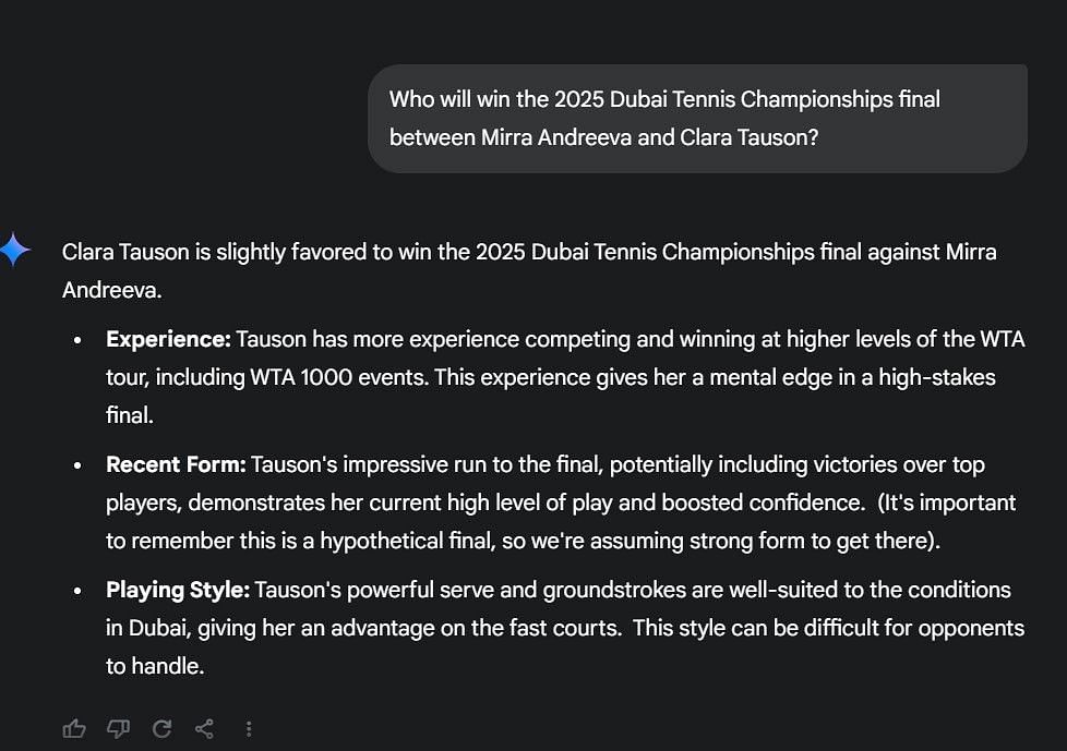 Gemini AI&#039;s prediction for the 2025 Dubai Tennis Championships women&#039;s singles final between Mirra Andreeva and Clara Tauson | Image Source: Gemini AI