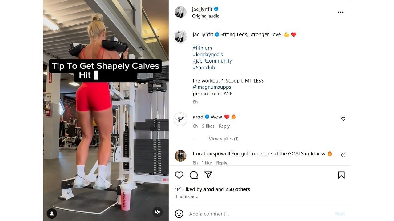 Screenshot of Alex Rodriguez&#039;s comment on Jaclyn Cordeiro&#039;s Instagram post (Image from - Instagram.com/@jac_lynfit)