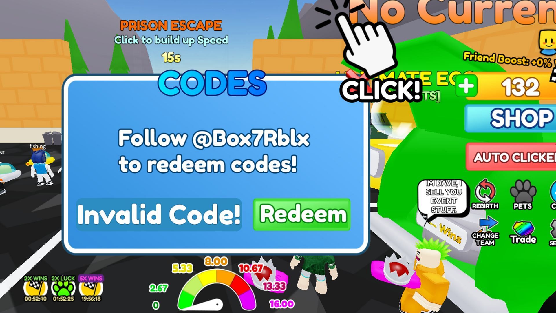 &quot;Invalid Code&quot; error in Prison Race Clicker (Image via Roblox)