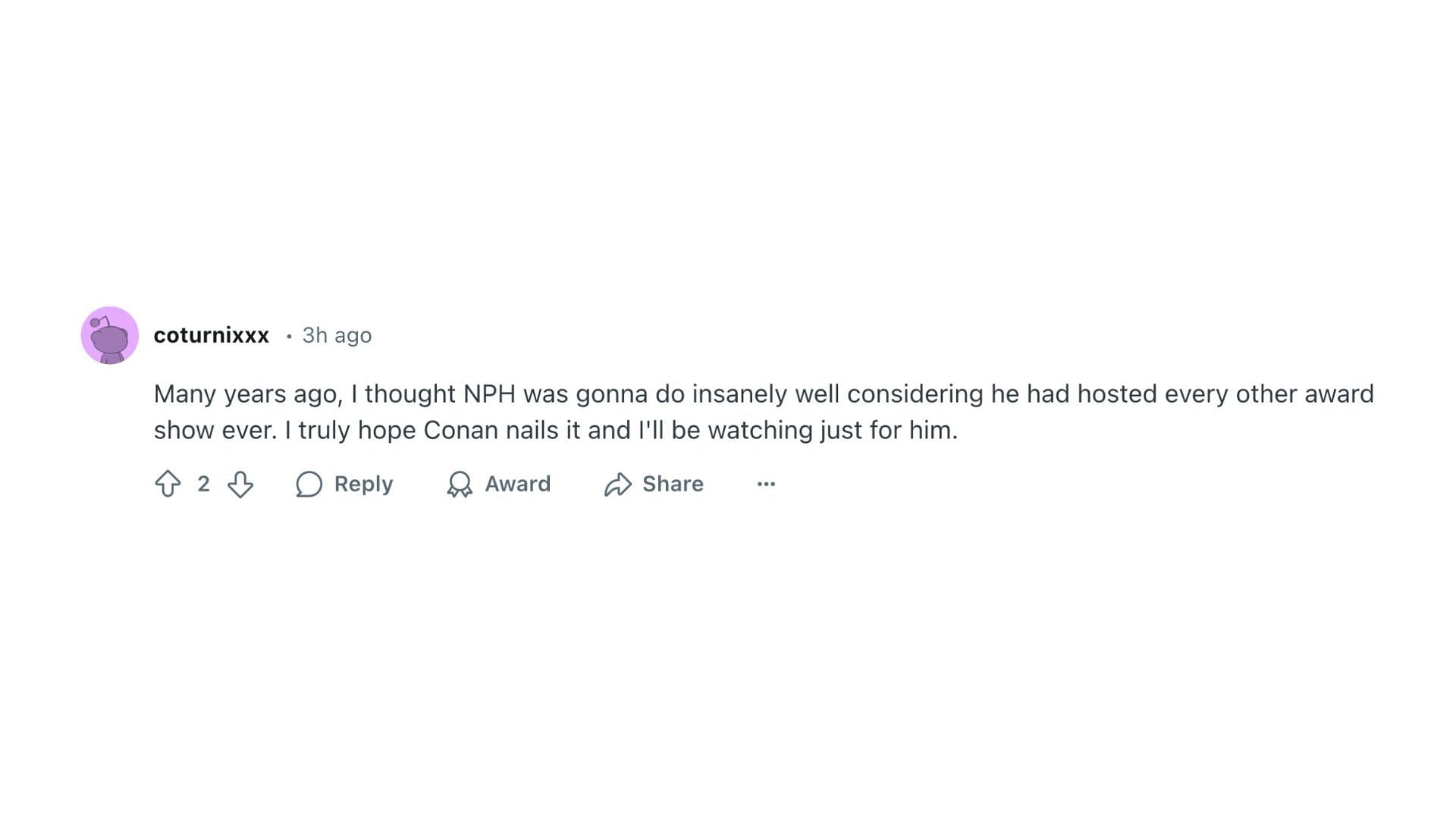 Fan comment on Conan O&rsquo;Brien&rsquo;s Oscar hosting gig (Image via @coturnixxx/Reddit)