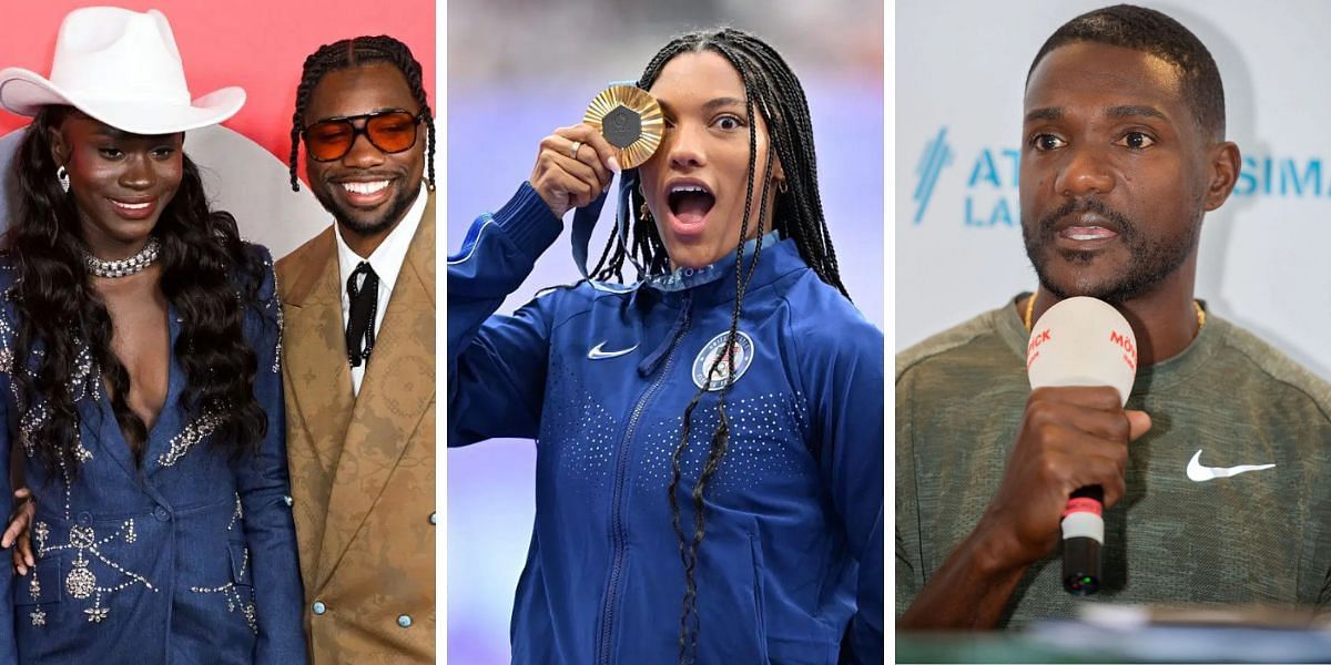 Noah Lyles and Junelle Bromfield [L], Tara Davis-Woodhall [C] and Justin Gatlin [R] PHOTO: All from Getty