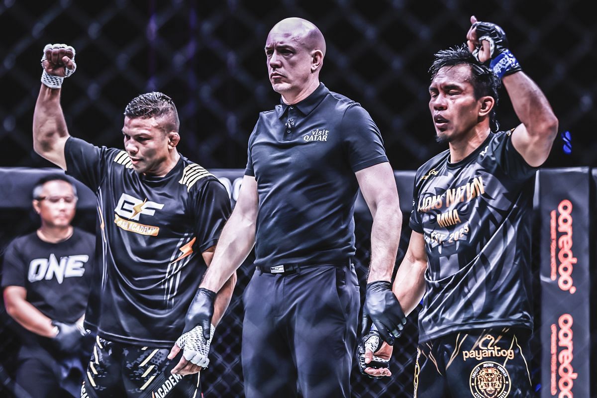 Bibiano Fernades (left), Olivier Coste (middle), Kevin Belingon (left) [Photo via ONE Championship]