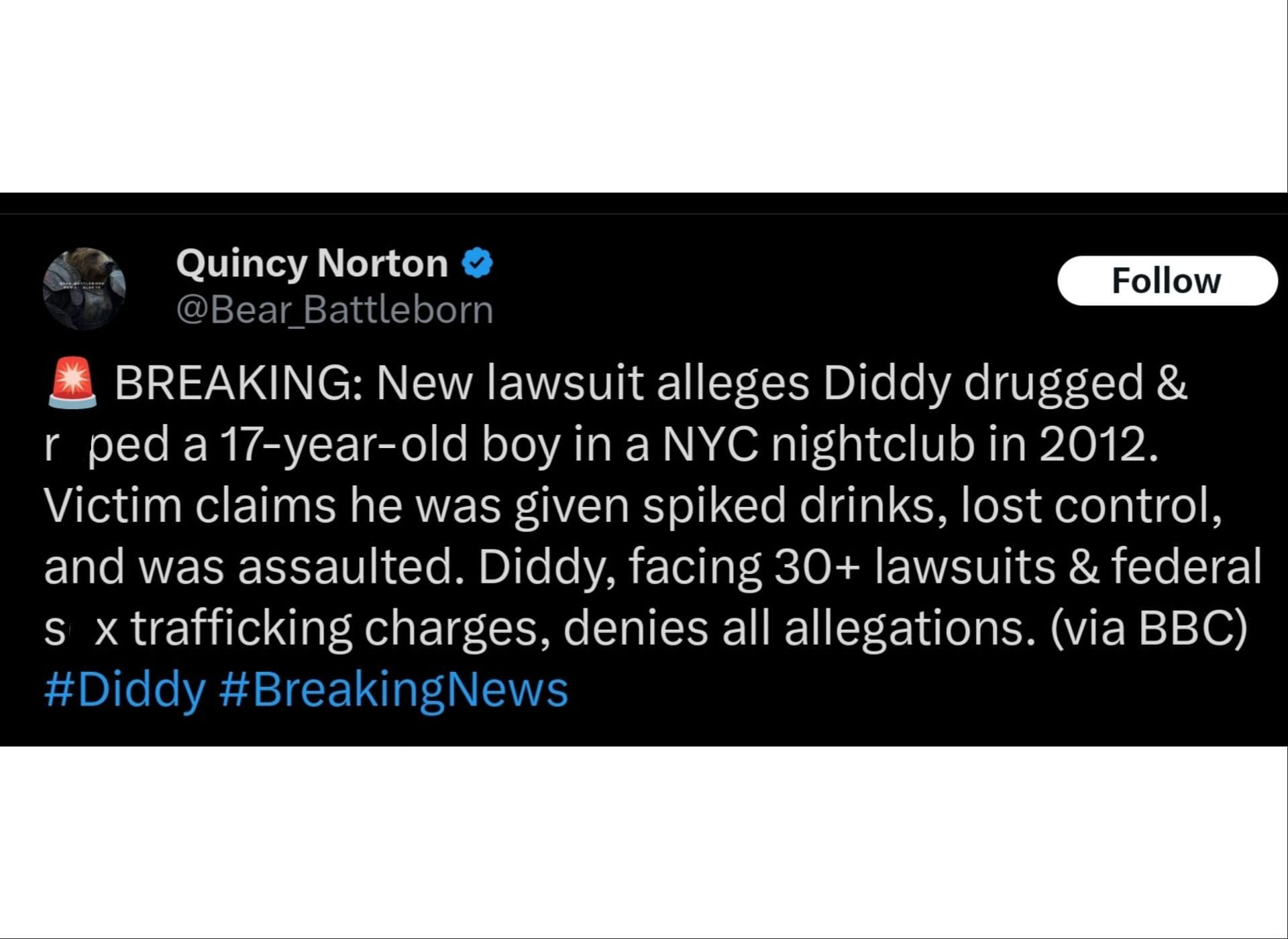 A new lawsuit is filed against Diddy Image via X/@Bear_Battleborn)