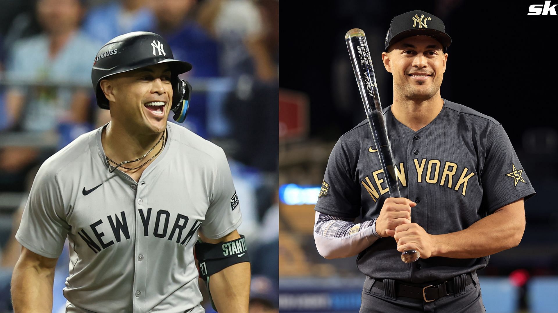 Giancarlo Stanton of the New York Yankees reacts after hitting a three run home run against the Boston Red Sox at Yankee Stadium (Source: Getty)