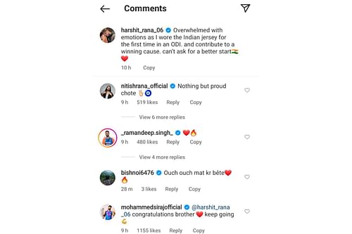 Indian cricketers react to Harshit Rana's social media post (Image via Instagram-@harshit_rana_06)