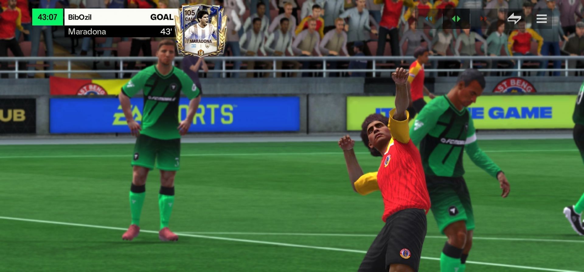 Maradona&#039;s &quot;Standing Archer&quot; post-goal celebration in EA FC Mobile (Image via EA Sports)