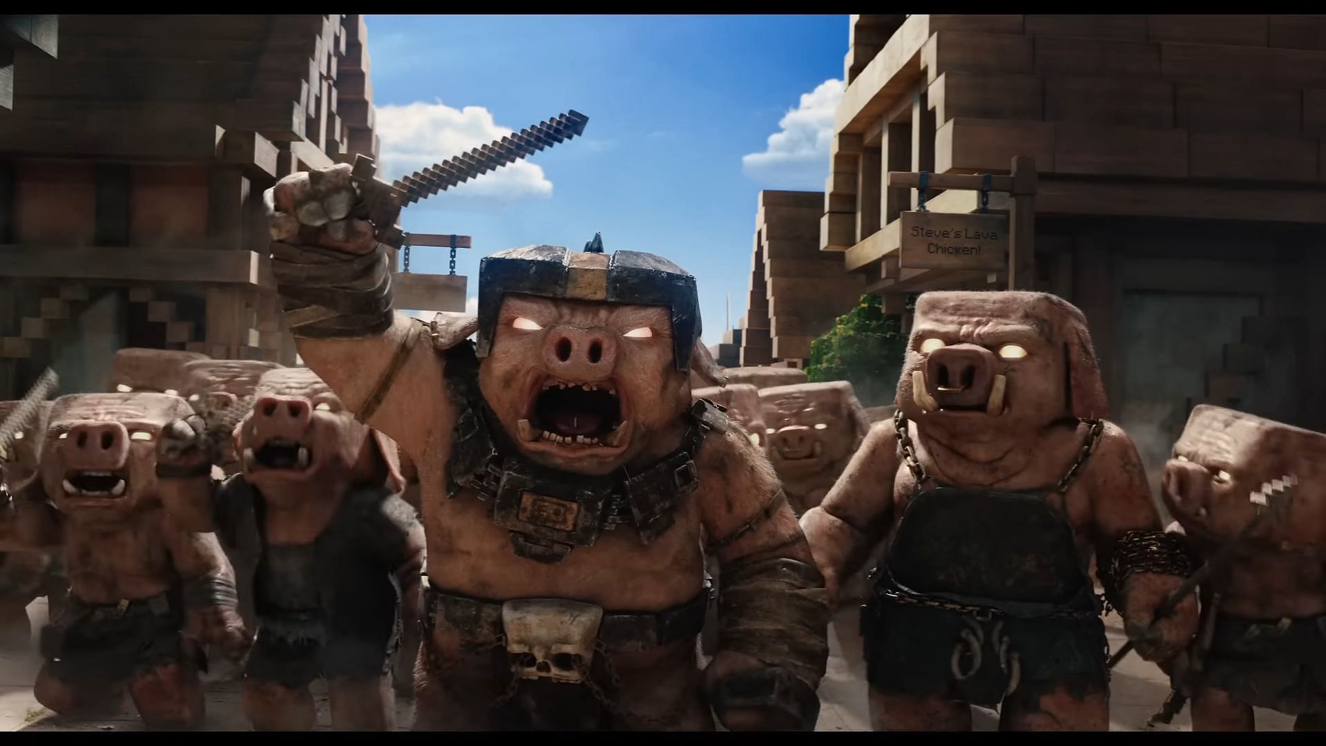 The Minecraft Movie NBA All-Star trailer gives a good look at the piglins (Image via Warner Bros. Pictures)