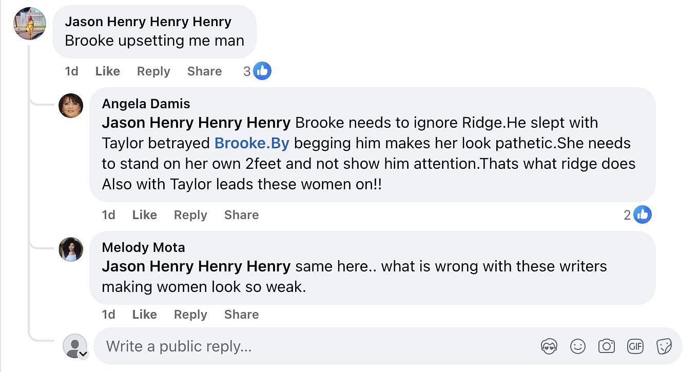 Fans discuss The Bold and The Beautiful storyline around Ridge and Brooke (Image via Facebook)