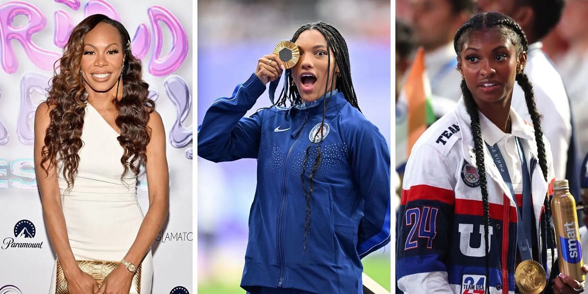 Sanya Richards-Ross (L) and Masai Russell (R) react to Tara Davis-Woodhall (C)