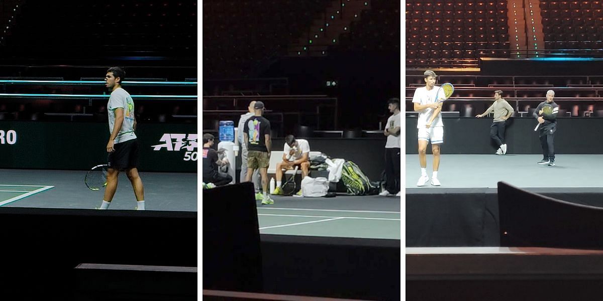 Carlos Alcaraz pictured during his practice session with Alexei Popyrin (extreme right) - Image source: Sportskeeda