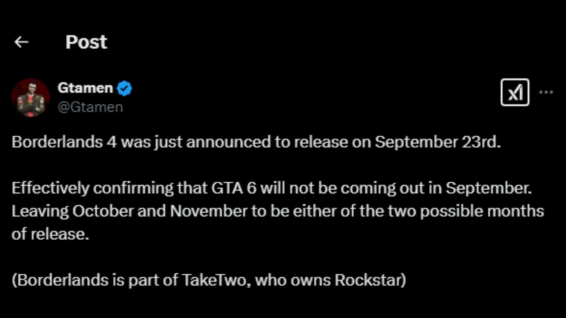 YouTuber opines on Grand Theft Auto 6&#039;s possible release months (Image via X/@Gtamen)