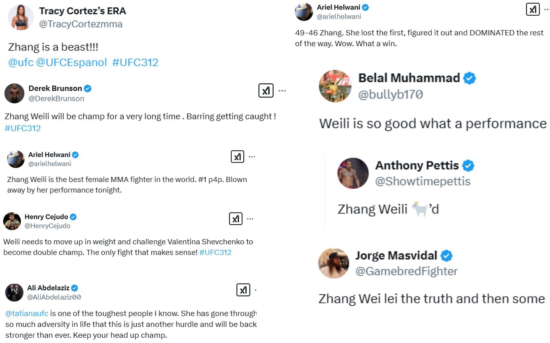 Screenshots of MMA figures&#039; reactions to Zhang Weili&#039;s win at UFC 312