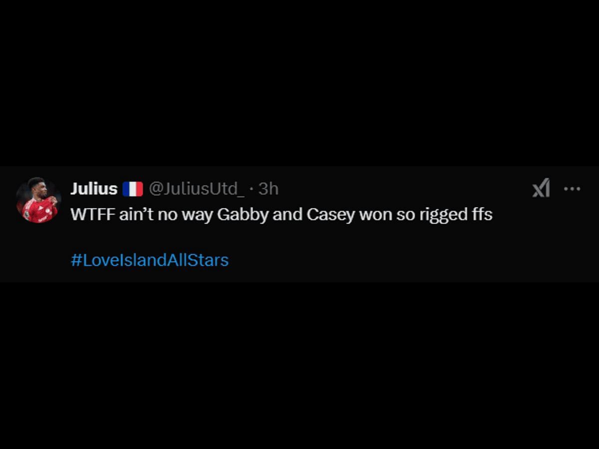 A Love Island: All Stars season 2 fan reacts to Casey and Gabby&#039;s win (Image via X/@JuliusUtd_)