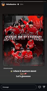 Felix Auger-Aliassime reacts to Canada's win at the 4 Nations Faceoff final, (Source: Instagram)