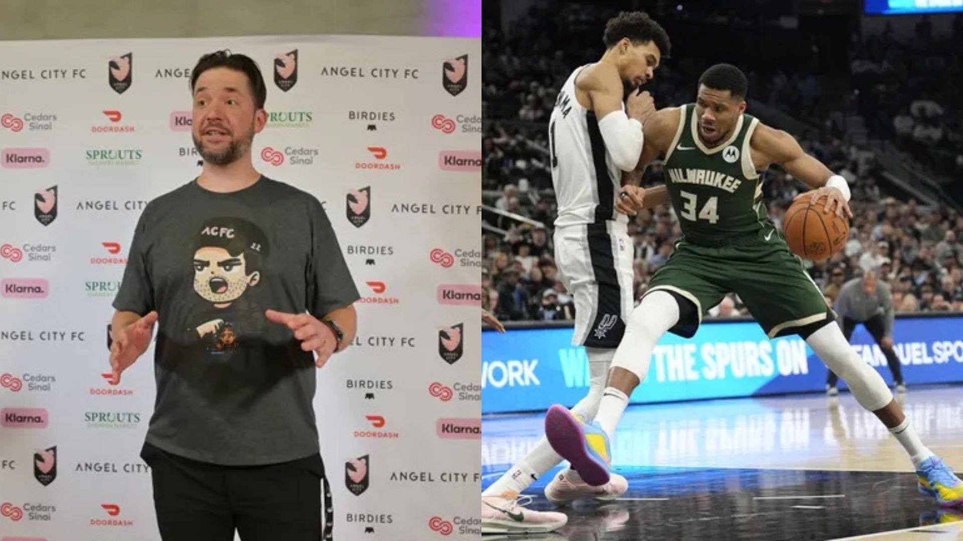 Alexis Ohanian on the pink carpet before a NWSL game, Milwaukee Bucks forward Giannis Antetokounmpo drives to the basket against San Antonio Spurs center Victor Wembanyama at Frost Bank Center. Photo Credits: Imagn