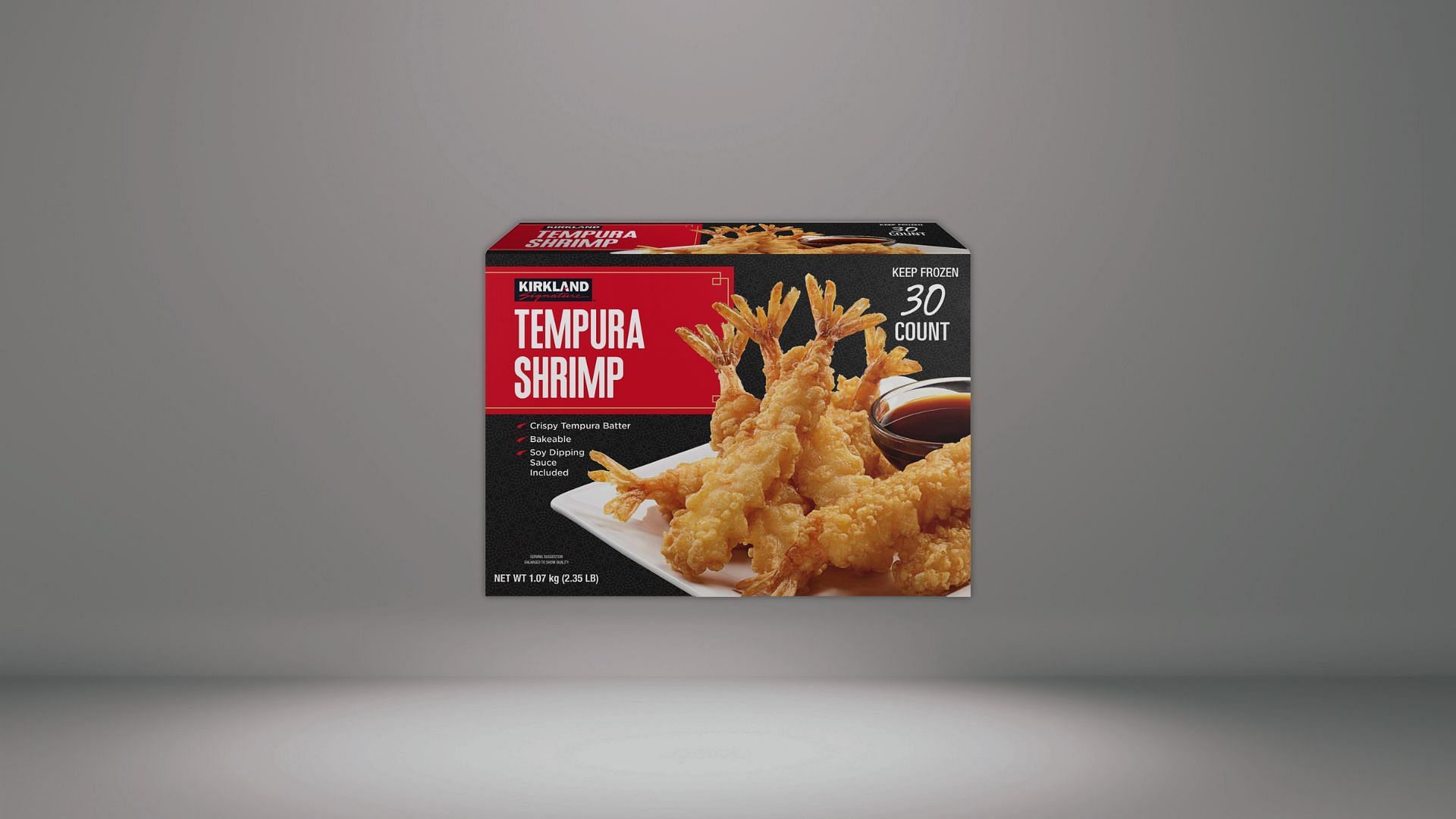 A package of Kirkland Signature Tempura Shrimp features 30 counts (Image via Costco)