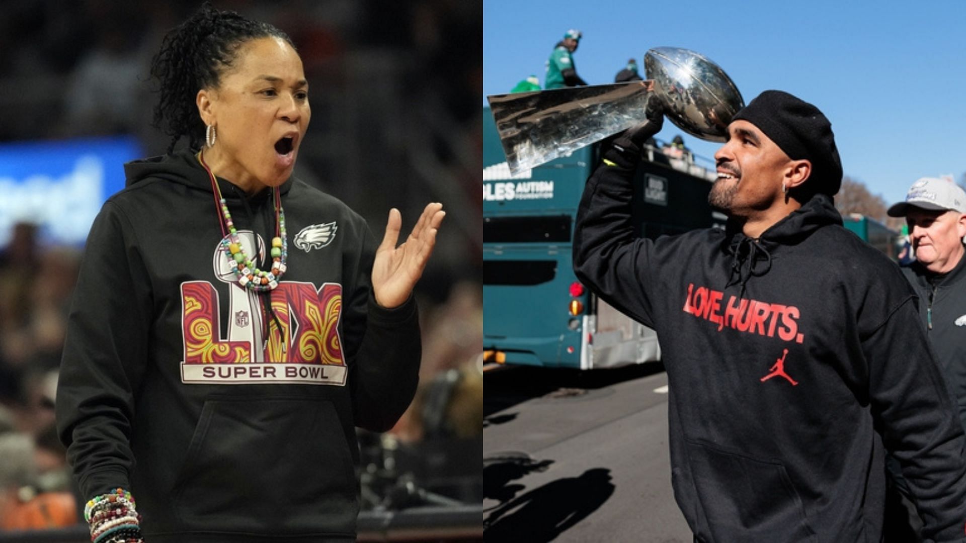 South Carolina coach Dawn Staley and Philadelphia Eagles quarterback Jalen Hurts. Source: Imagn