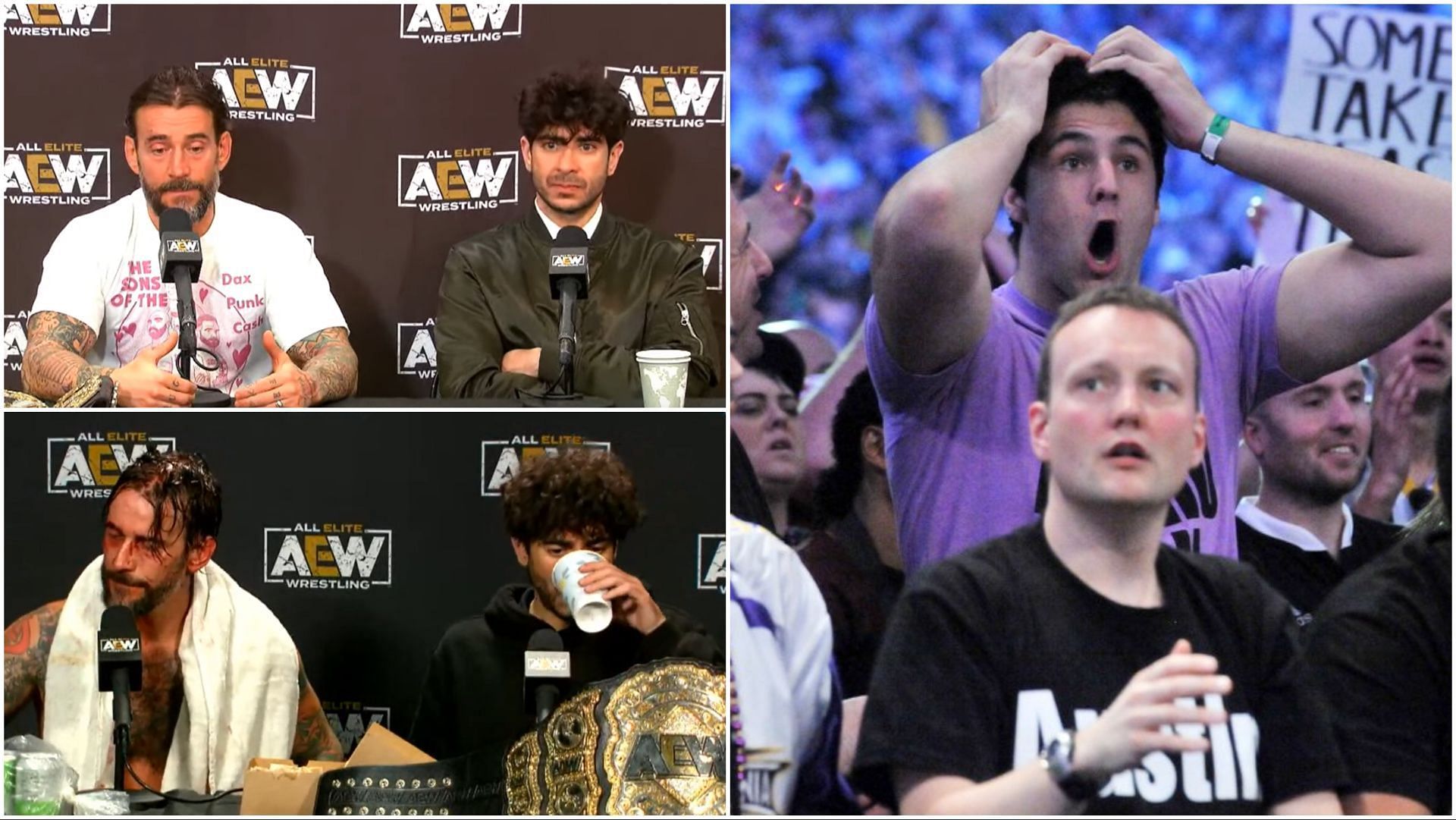 CM Punk and Tony Khan at AEW PPV scrum events, WWE Universe members in the crowd