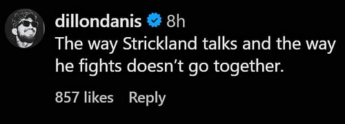 A screenshot of Dillon Danis' comment about Sean Strickland