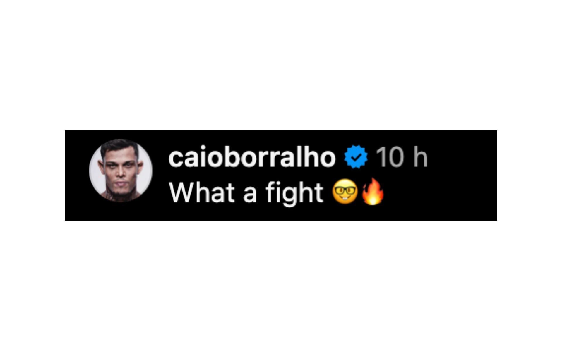 Screenshot of Caio Borralho&rsquo;s comment. [Screenshot courtesy: @ufc on Instagram]