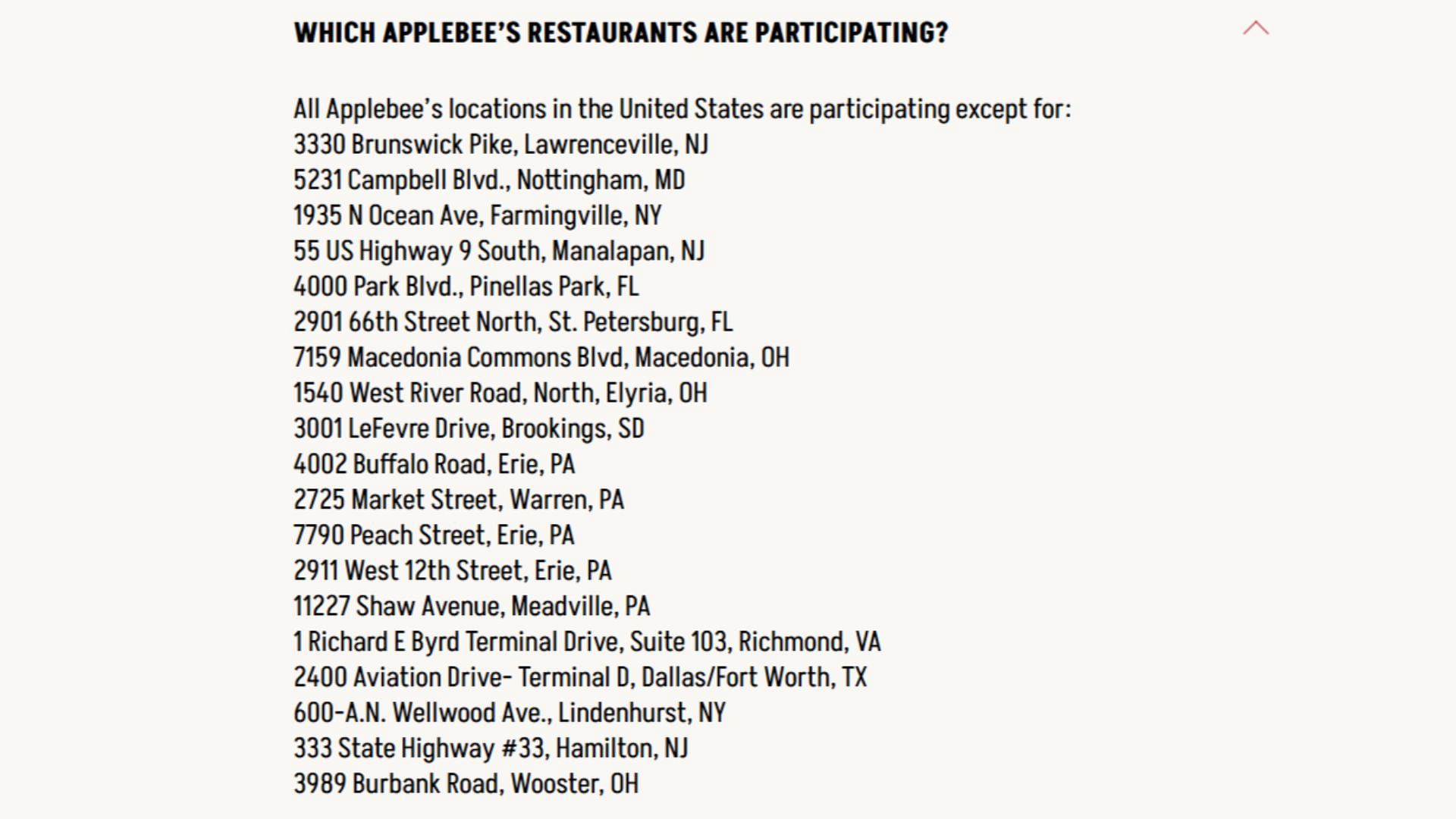 Applebee&rsquo;s locations not participating in the exclusive offer (Image via Applebee&#039;s)