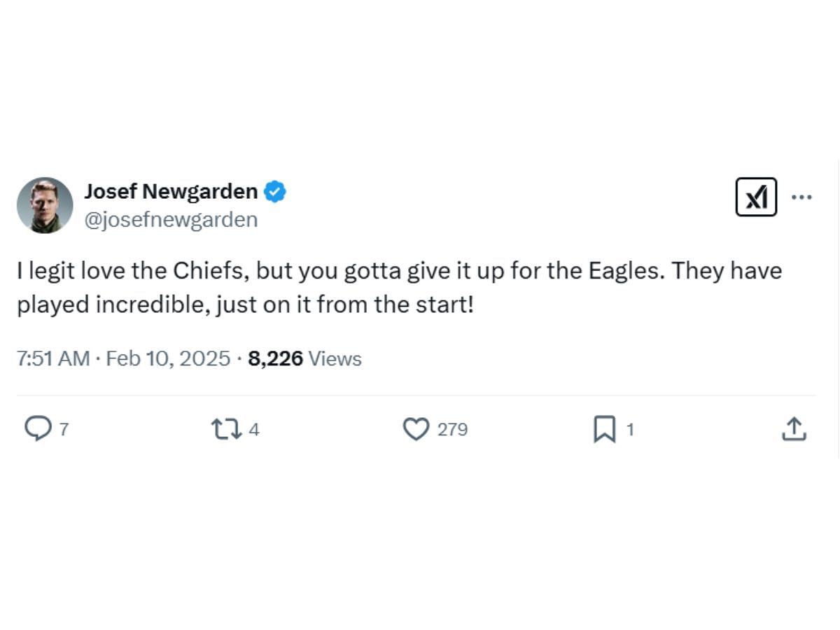 Newgarden&#039;s tweet appreciating the Philadelphia Eagles (Image via X/ @josefnewgarden)