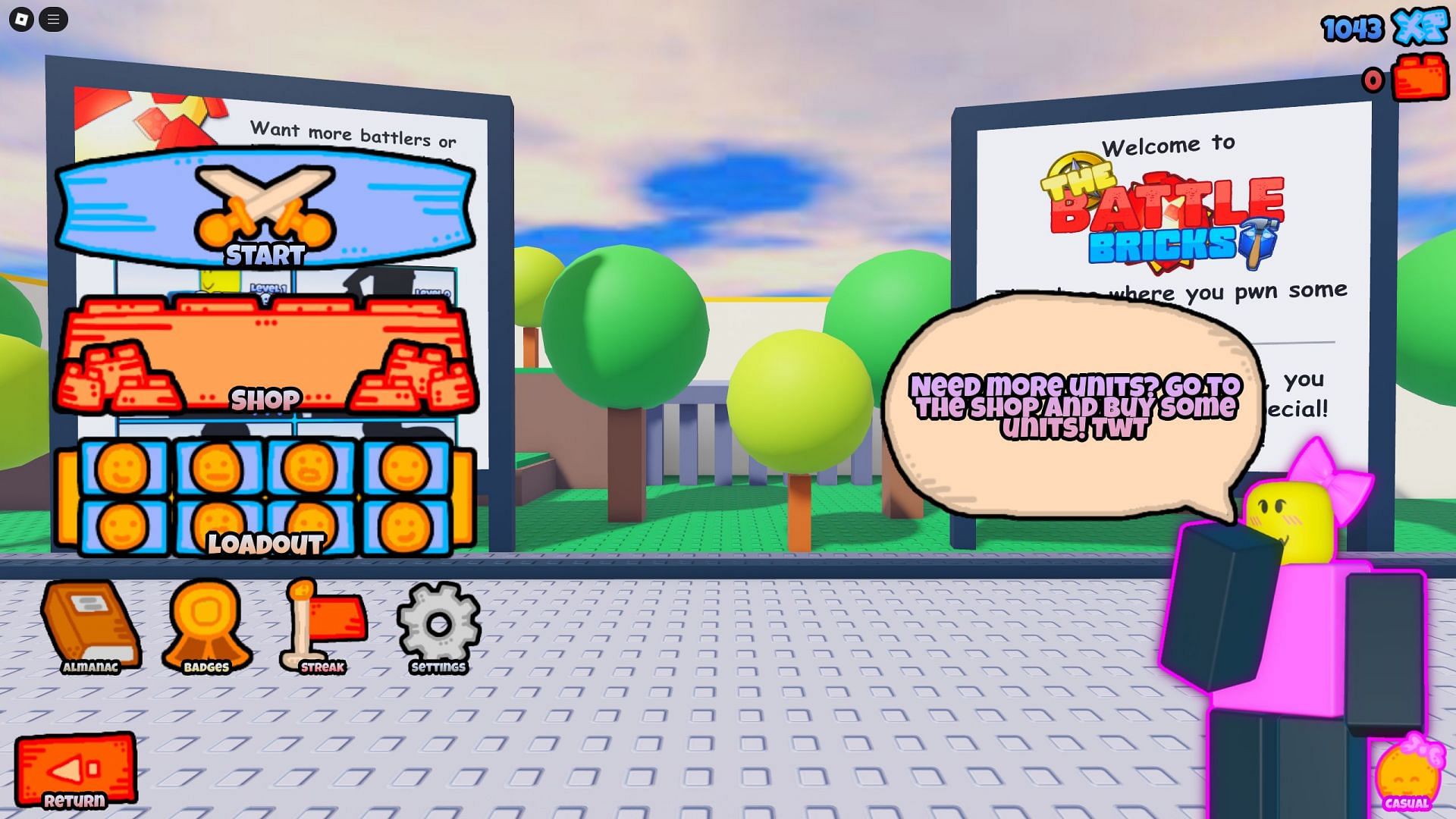 The home screen in The Battle Bricks (Image via Roblox)