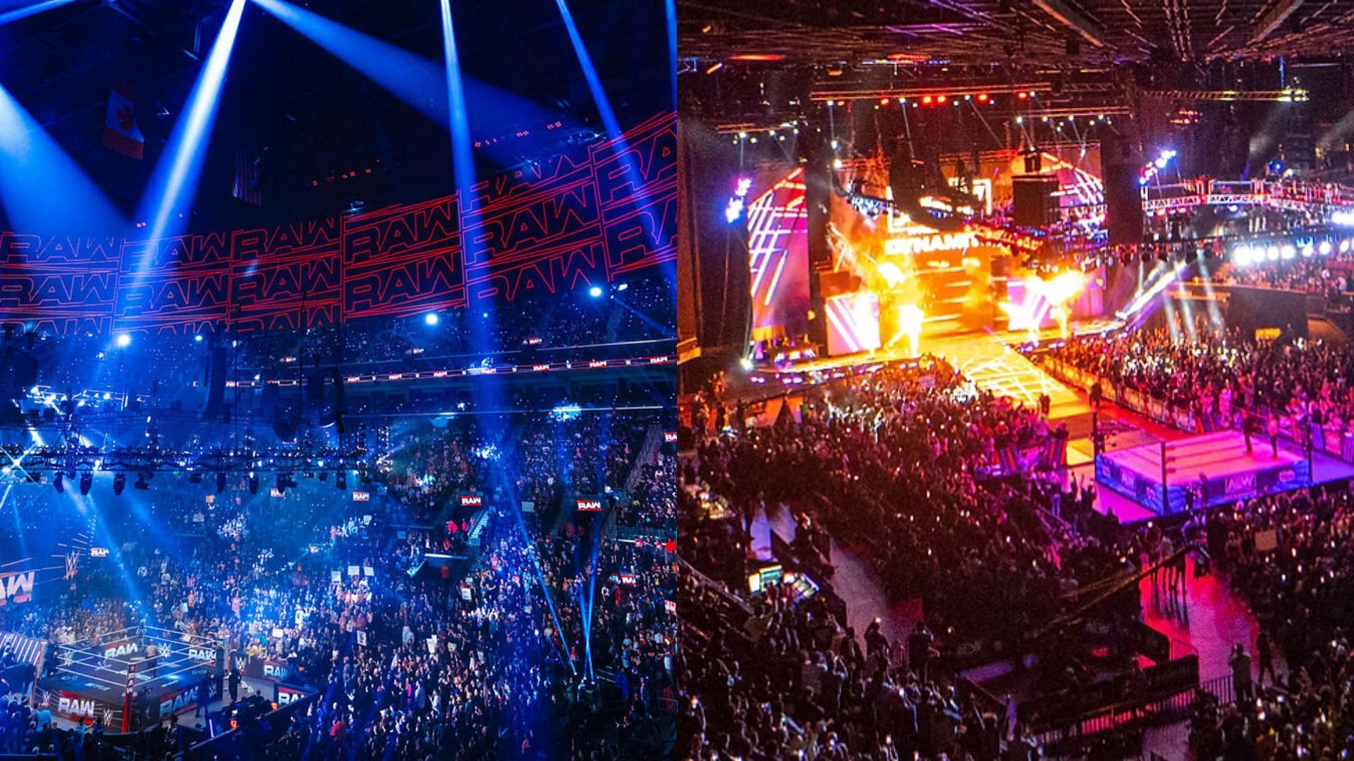 WWE arena (left) and AEW arena (right). (Image credits: wwe.com &amp; allelitewrestling.com)