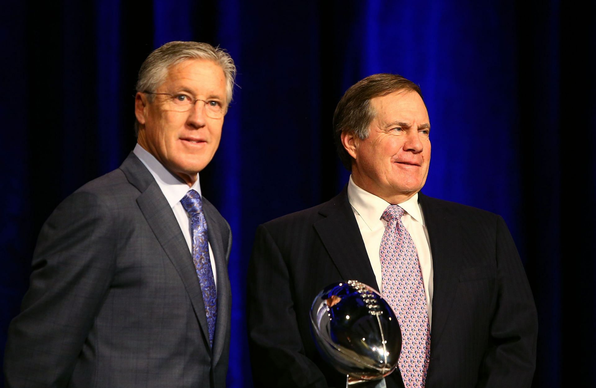 New England Patriots Head Coach Bill Belichick &amp; Seattle Seahawks Head Coach Pete Carroll Joint Press Conference - Source: Getty