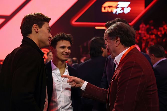 Watch: A seemingly drunk George Russell gatecrashes Lando Norris's interview during the F1 launch