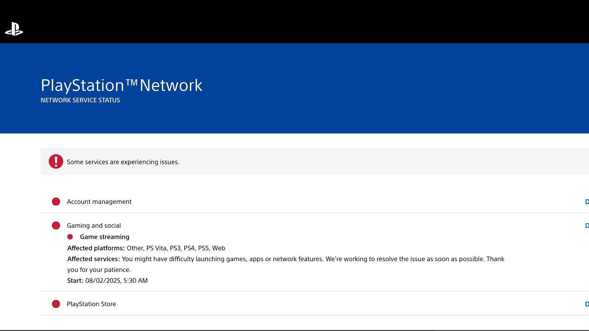 Official webpage mentioning all the services affected (Image via PlayStation.com)