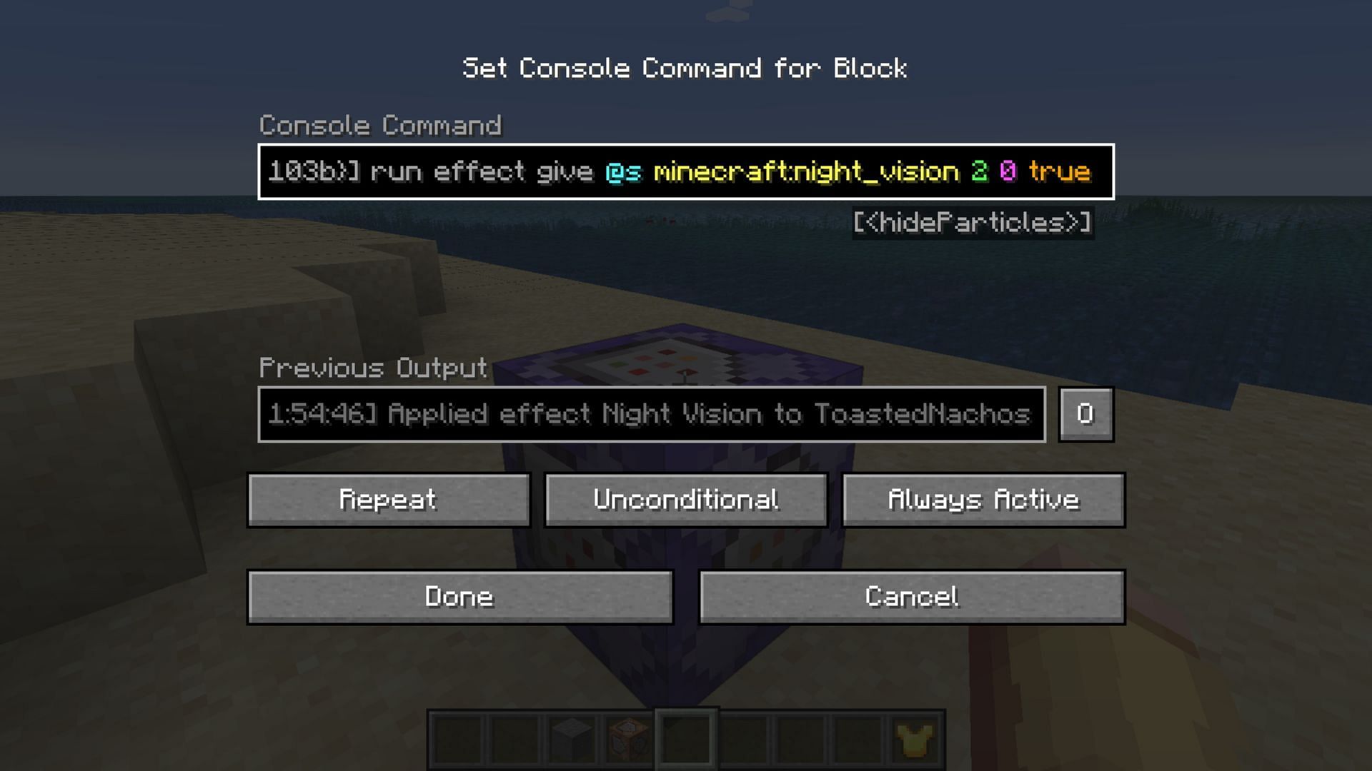 Paste and run the command below to obtain the night vision helmet in Minecraft (Image via Sportskeeda Gaming/Mojang Studios)