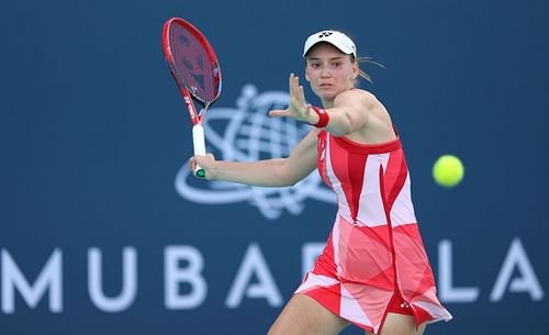 Elena Rybakina plays a forehand shot in her second round match at the Mubadala Abu Dhabi Open Source: Getty