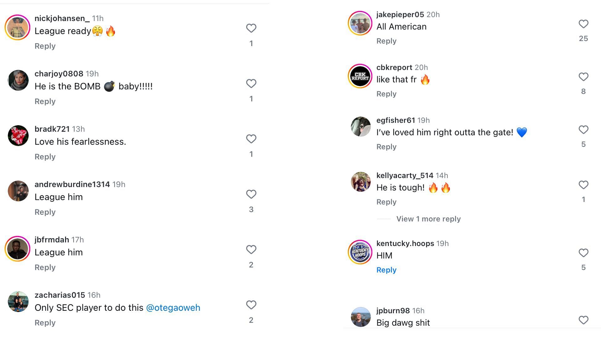 Other fans react to Otega Oweh&#039;s consistent output after South Carolina win - Image source: Instagram/recruits