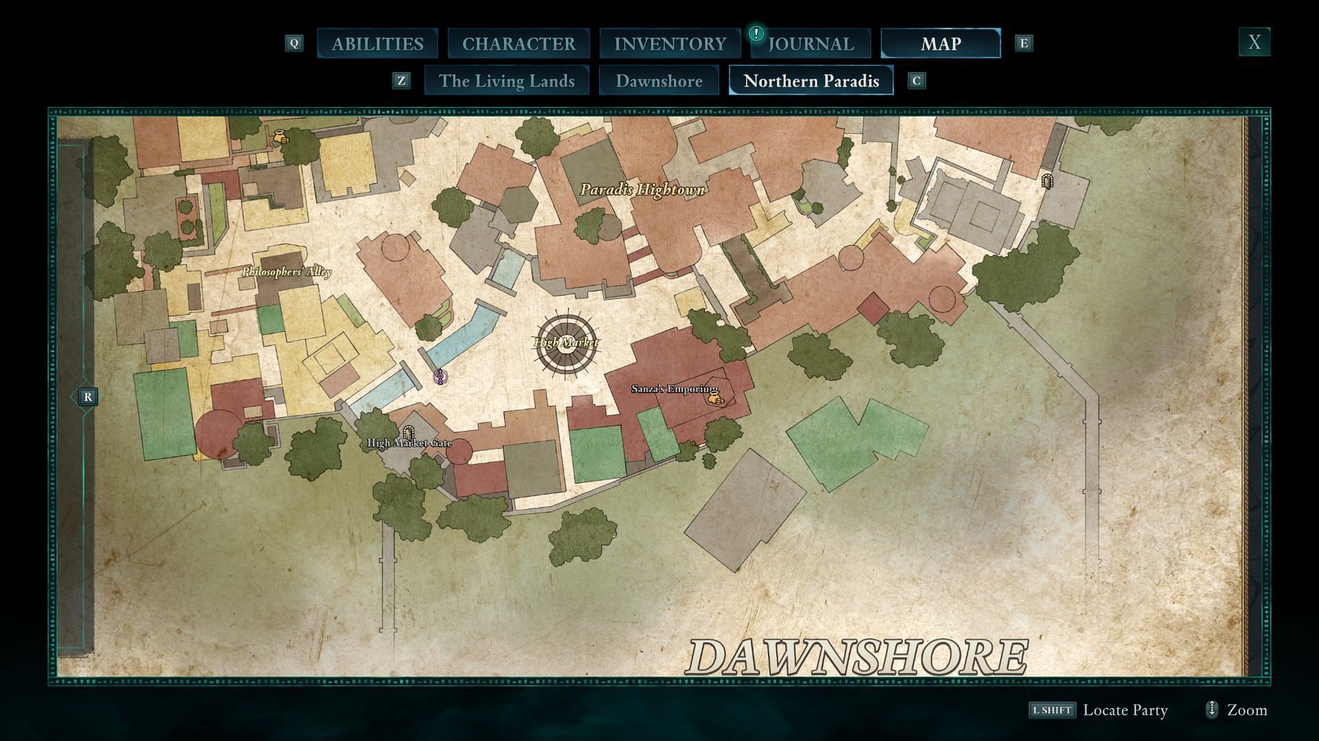 Here&#039;s where Sanza&#039;s Emporium is, for when you need to speak with him (Image via Obsidian Entertainment)