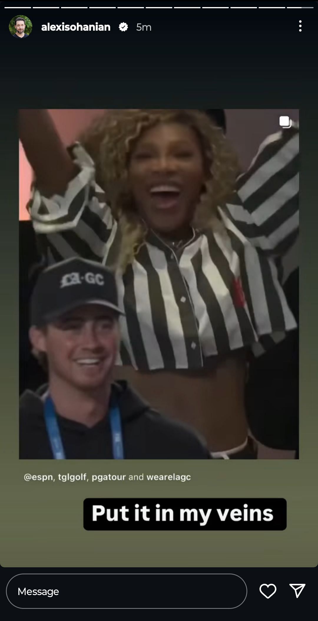 Williams&#039; husband Ohanian&#039;s Instagram Story featuring the tennis legend celebrating LAGC&#039;s TGL win against New York (Source: Instagram/Alexis Ohanian)