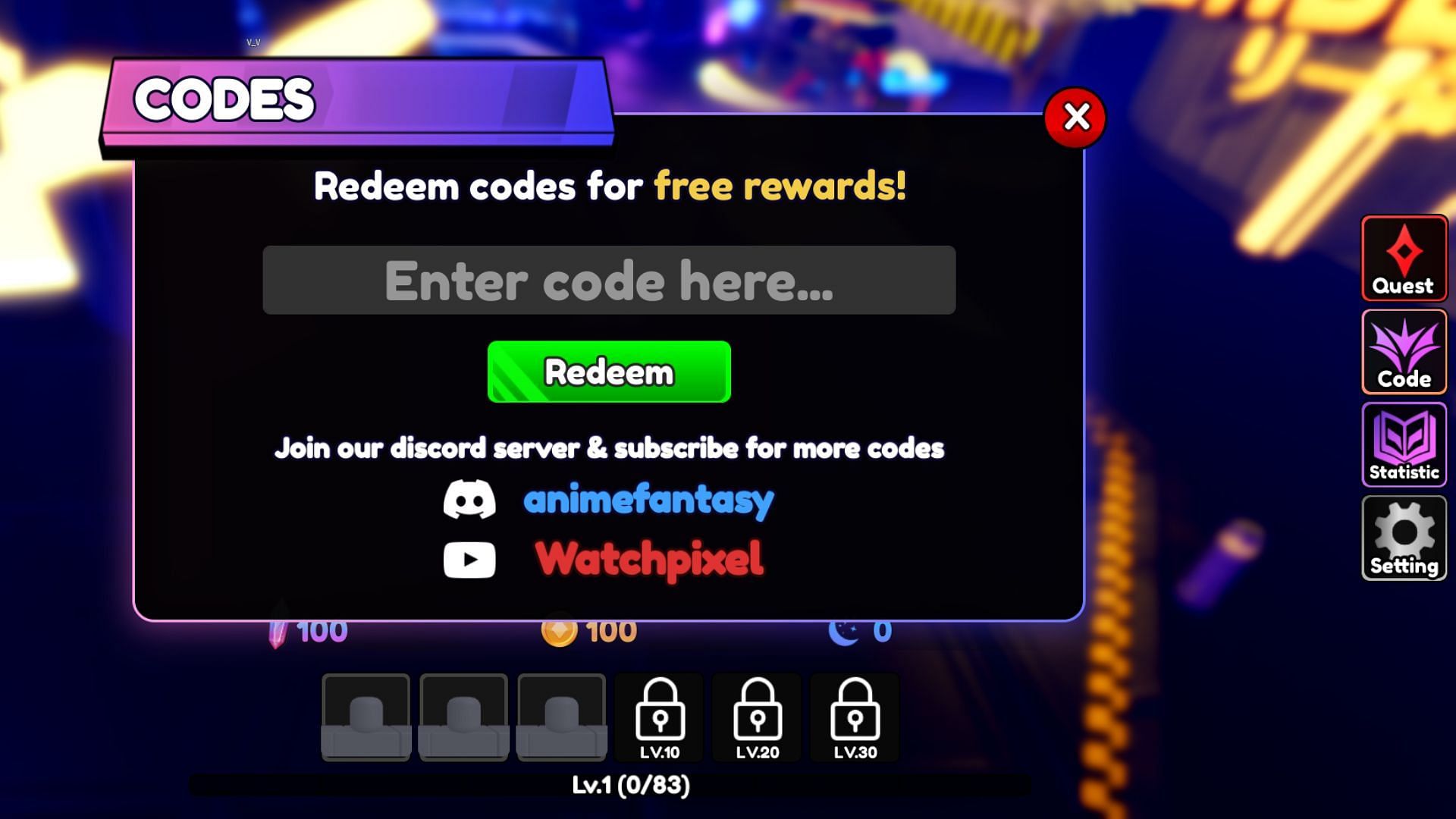 Redeem codes in Anime Fantasy (Image via Roblox)