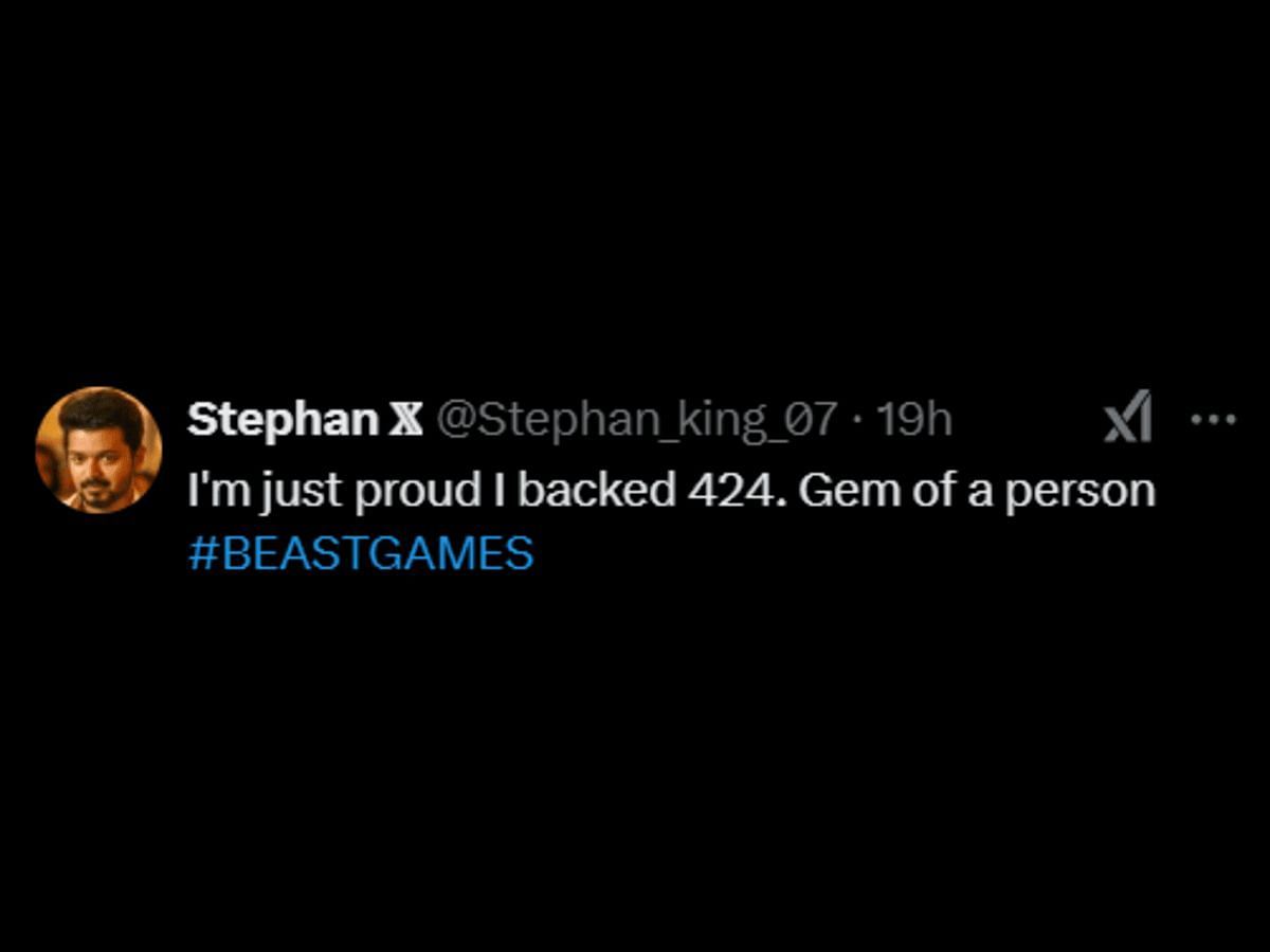 A Beast Games fan reacts to Player 424&#039;s performance (Image via X/@Stephan_king_07)